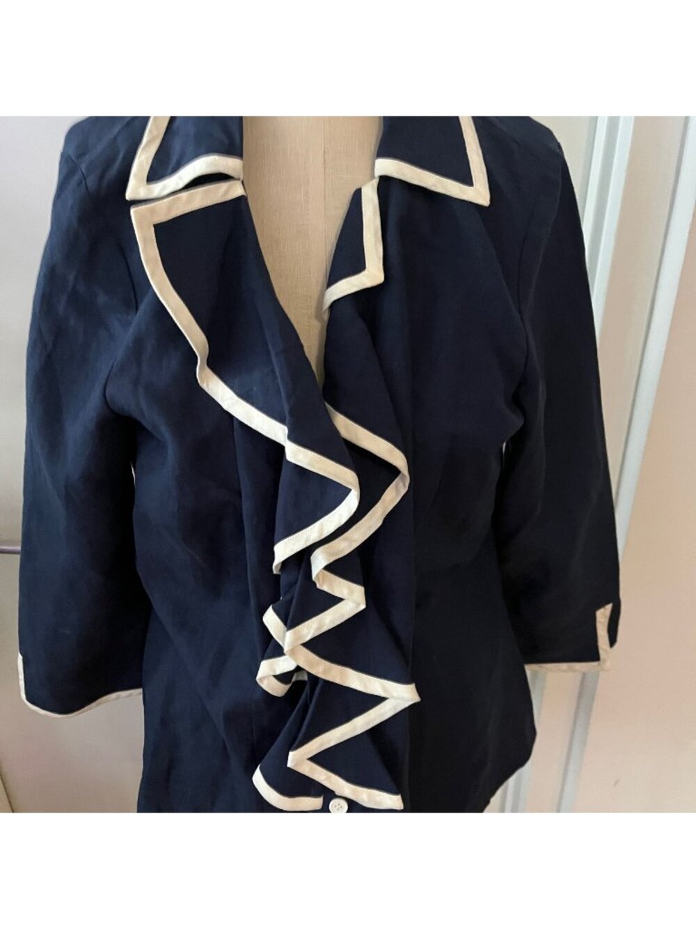 Vintage J.G HOOKS Navy Linen Blend‎ Ruffle Top Size 16W